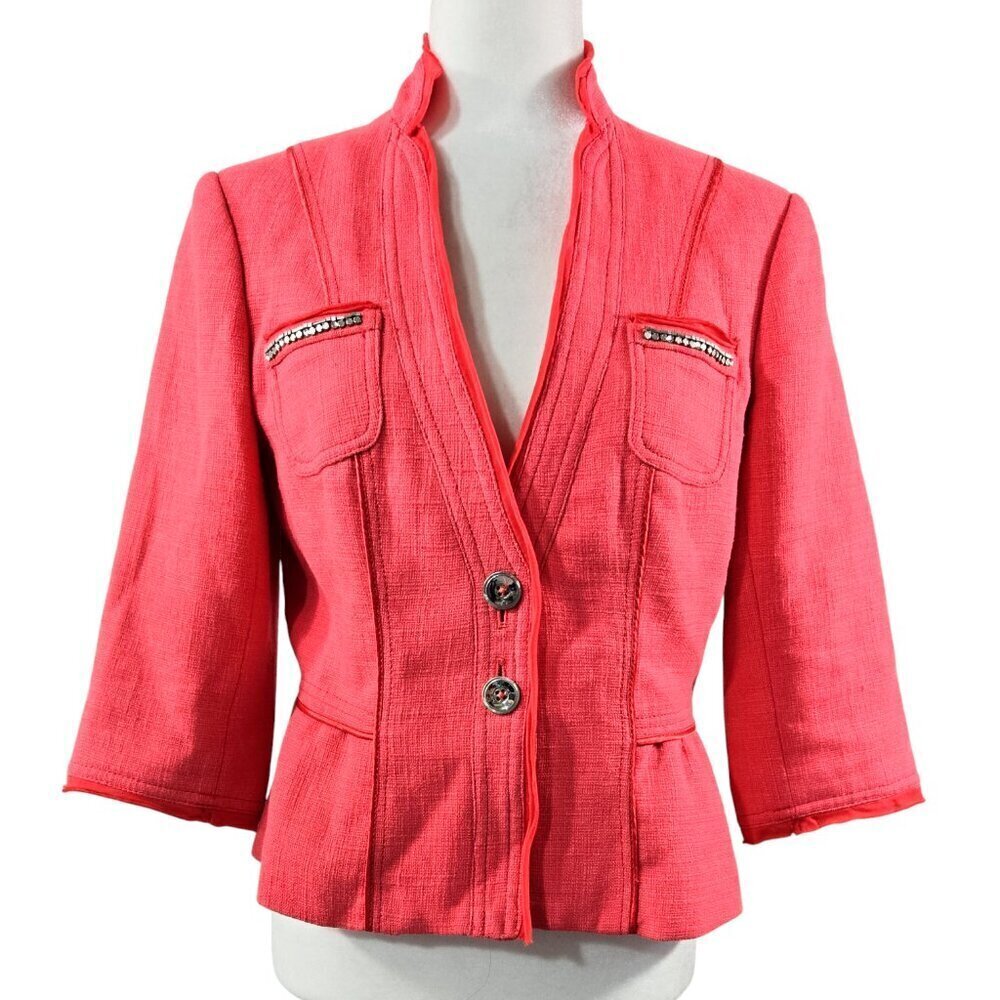 White House Black Market Linen Blend Coral Salmon Pink Peplum Hem Blazer